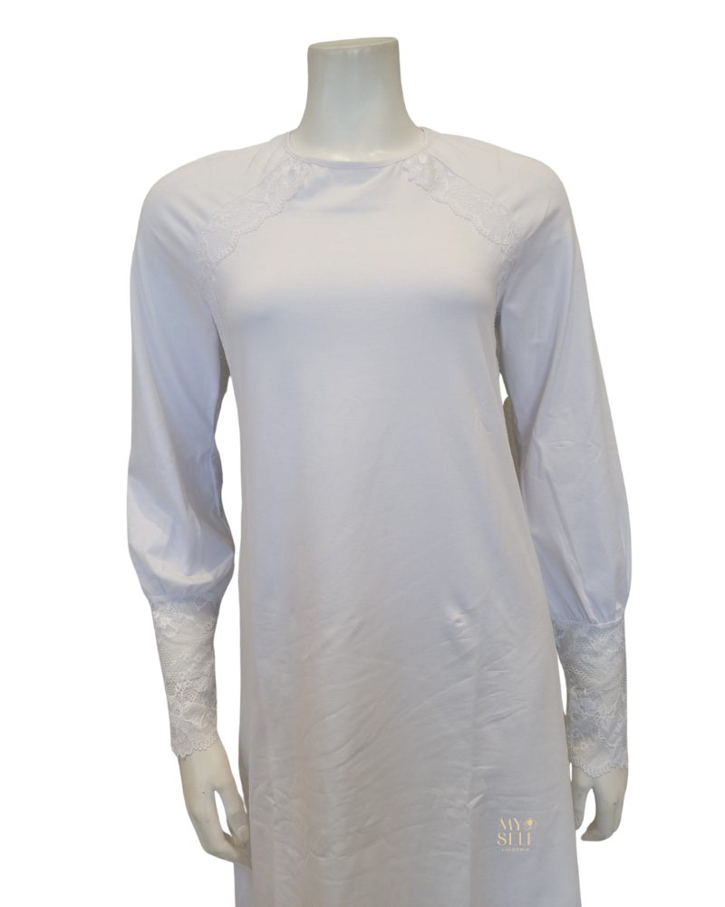 Oh! Zuza M8907 Lace Raglan Long Sleeve White Modal Nightshirt  myselflingerie.com
