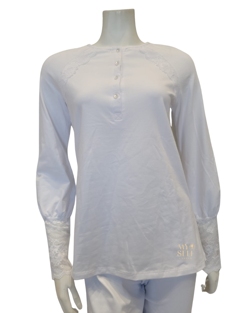 Oh! Zuza M8909 Lace Raglan Sleeves Button Down White Cotton Pajamas Set myselflingerie.com