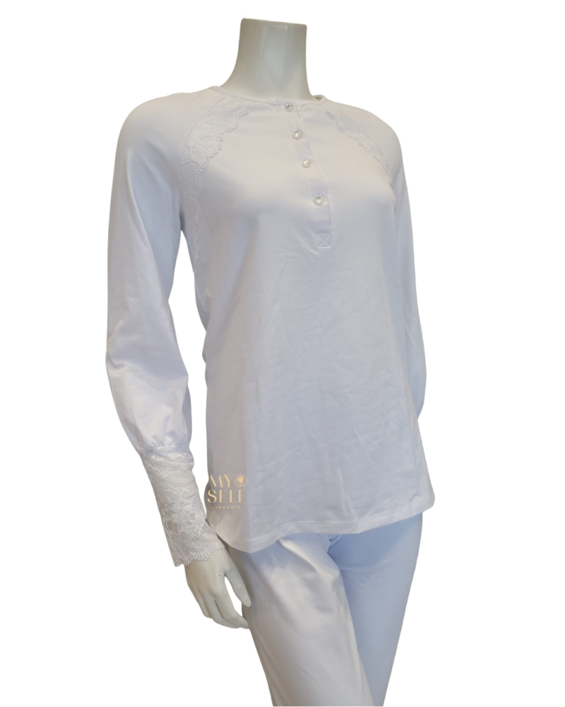 Oh! Zuza M8909 Lace Raglan Sleeves Button Down White Cotton Pajamas Set myselflingerie.com