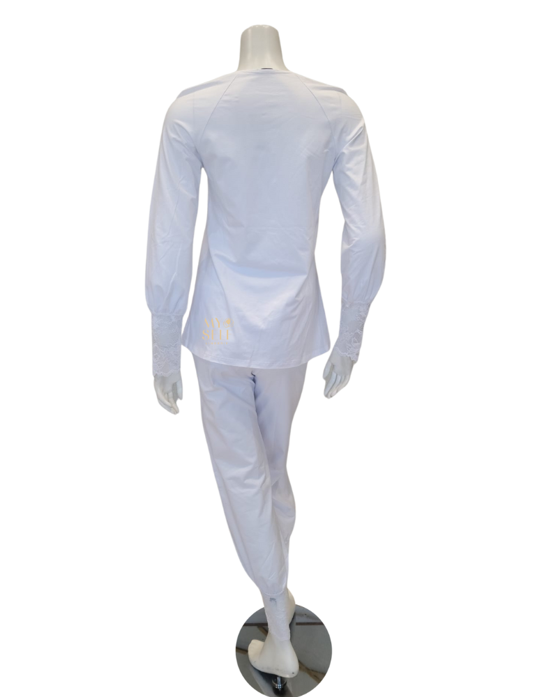 Oh! Zuza M8909 Lace Raglan Sleeves Button Down White Cotton Pajamas Set myselflingerie.com