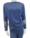 Oh! Zuza 3935 Dolman Sleeve Sheer Lace Detail Marine Blue Modal Pajamas Set myselflingerie.com