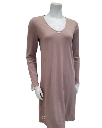 Iora Lingerie 22409 V Neck Lace Trim Deep Mauve 100% Supima Cotton Nightshirt myselflingerie.com