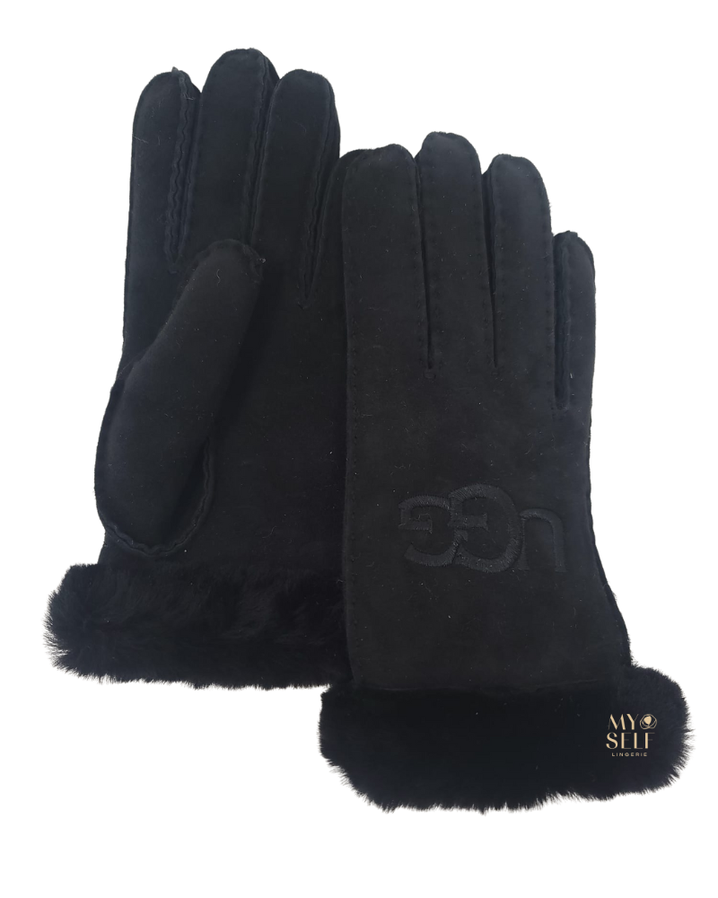 UGG 20931 Black Sheepskin Embroidered Gloves myselflingerie.com
