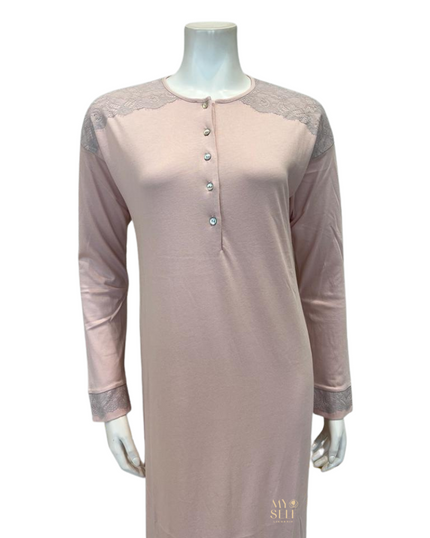 Iora Lingerie 22414C Lace Shoulder Detail Button Down Pink Modal Nightgown myselflingerie.com
