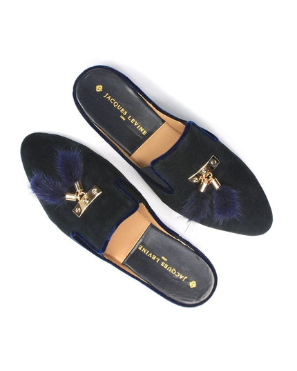 Jacques Levine Navy Tea Genuine Suede Slippers with Tassels MYSELFLINGERIE.COM