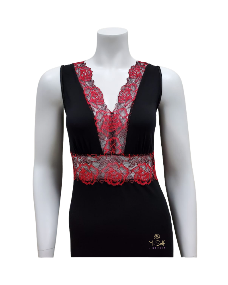 Vanilla Night & Day S014 Black & Red Lace Black Modal Chemise myselflingerie.com