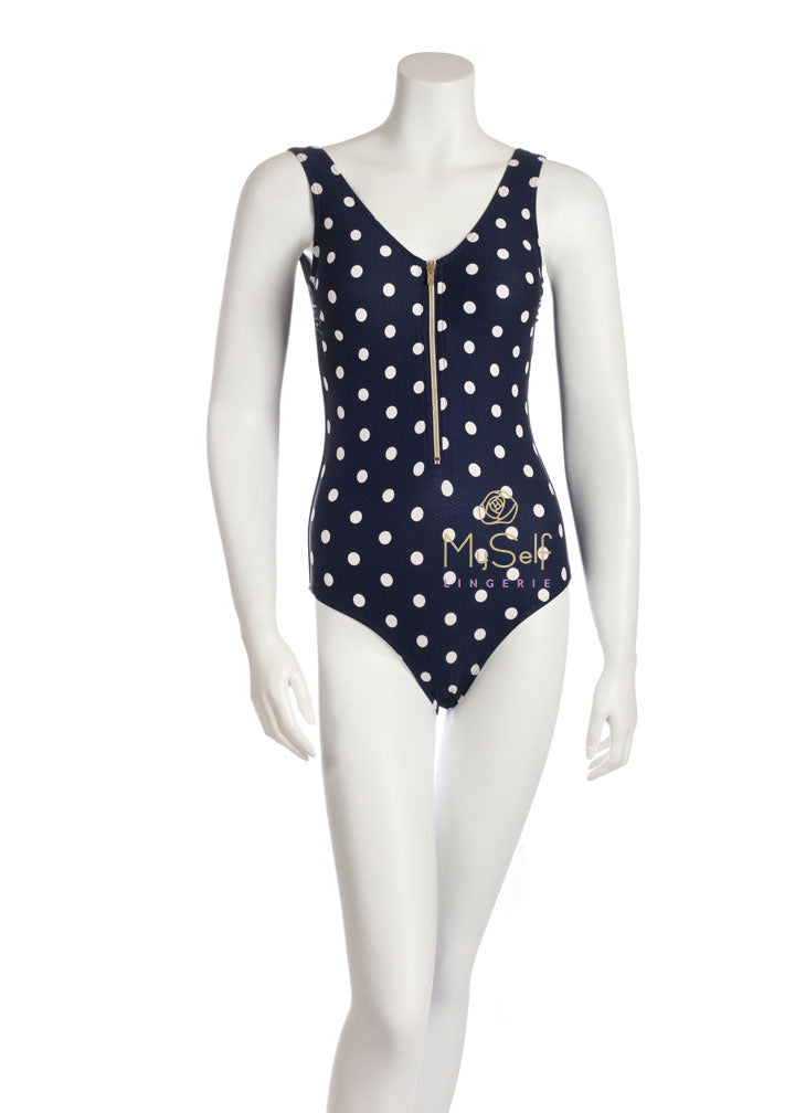 Marc and Andre Paris SP19-01 Polka Dot Navy Bathing Suit with Gold Zipper myselflingerie.com