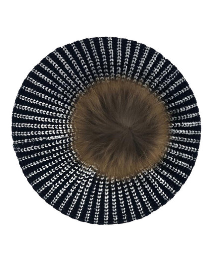 Revaz SSB23H/Q Navy Silver Metallic Knit Snood with Pom Pom myselflingerie.com