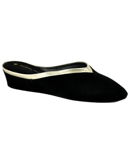 Jacques Levine 4640LL Black Suede With Gold LeatherTrim Wedge Slipper myselflingerie.com