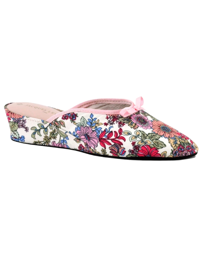Jacques Levine 20397R Lolita Floral Print White Wedge Slippers myselflingerie.com