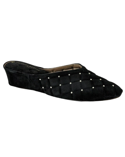 Jacques Levine 20161S Black Suede Quilted Silver Dots Wedge Slippers myselflingerie.com