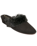 Jacques Levine Black Suede and Fur Wedge Slippers