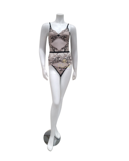 Montelle 9465 Black/Taupe Parisian Kiss Lace Triangle Bodysuit myselfingerie.com