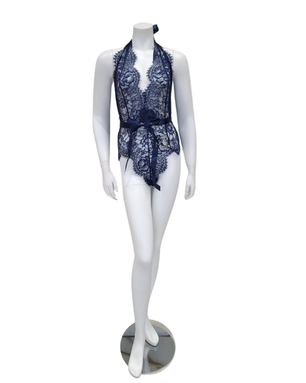 Oh La La Cheri 52-11025 Estate Blue Eyelash Lace Halter Teddy with Ties myselflingerie.com