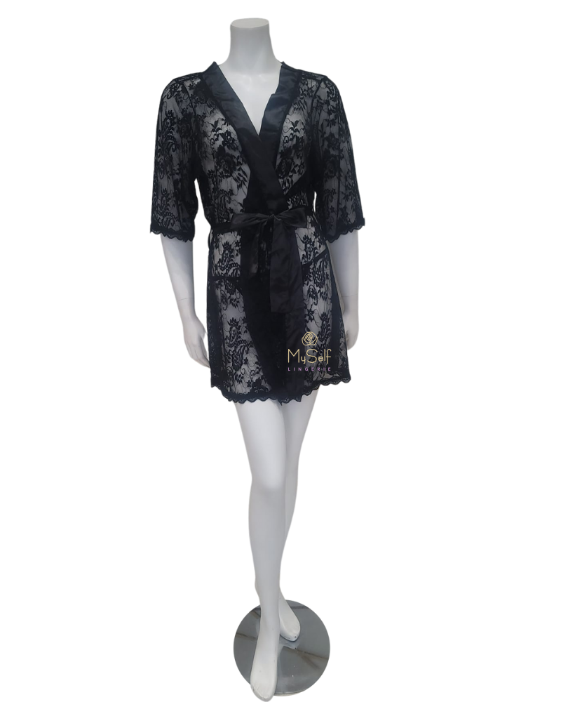 Mapale 7115X Black Lace & Satin Plus Size Wrap Robe w/ Matching G-String myselflingerie.com