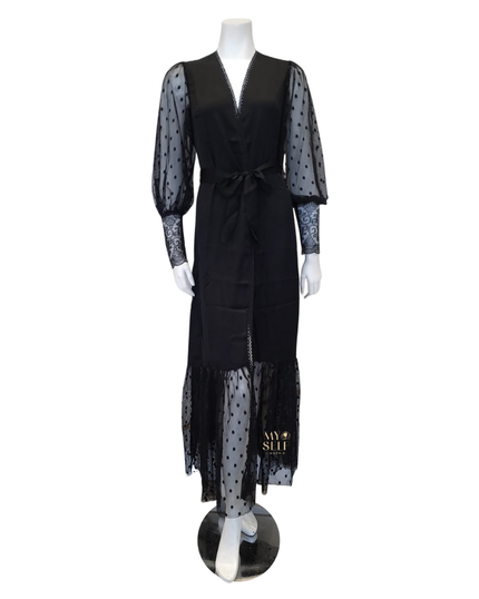 Oh! Zuza 3646 Black Sheer Dotted Lace Satin Robe myselflingerie.com
