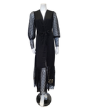 3636 Black Sheer Dotted Lace Satin Long Robe