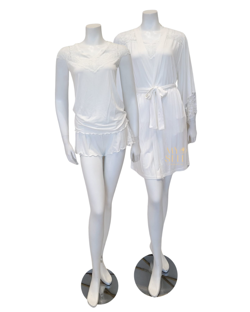 Oh! Zuza 3809 + 3810 Ivory Lace Modal Cami Shorts Set & Long Robe Set myselflingerie.com