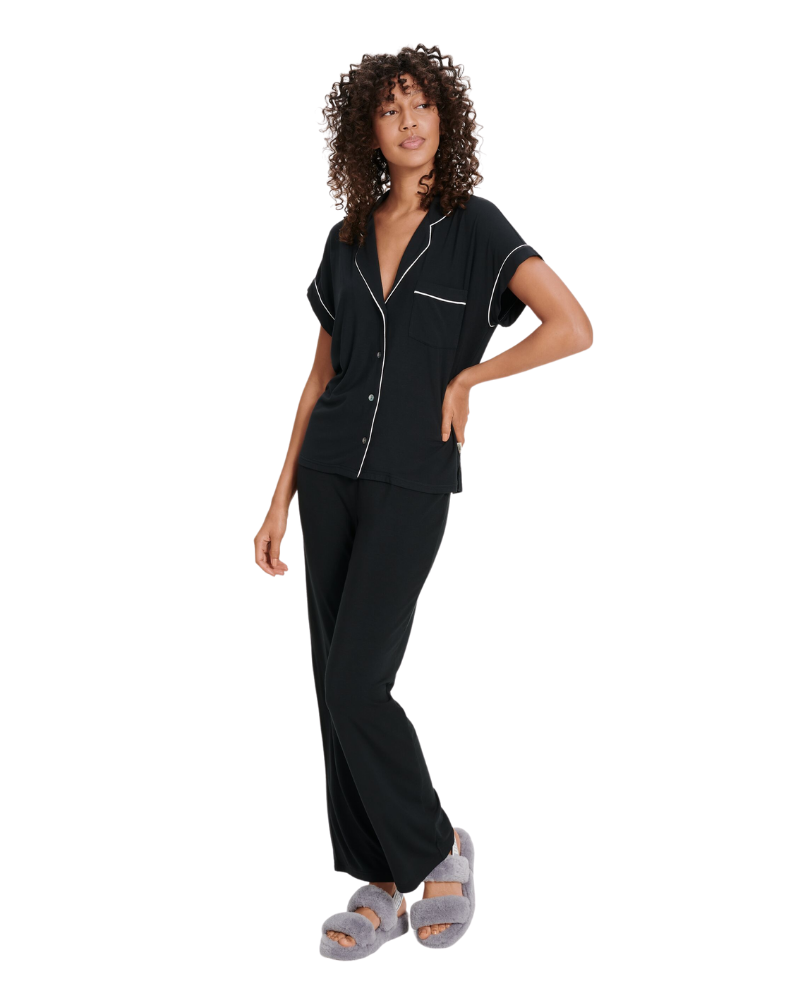 UGG 1104855 Black Aimee Short Sleeves Button Down Pajama Set myselflingerie.com