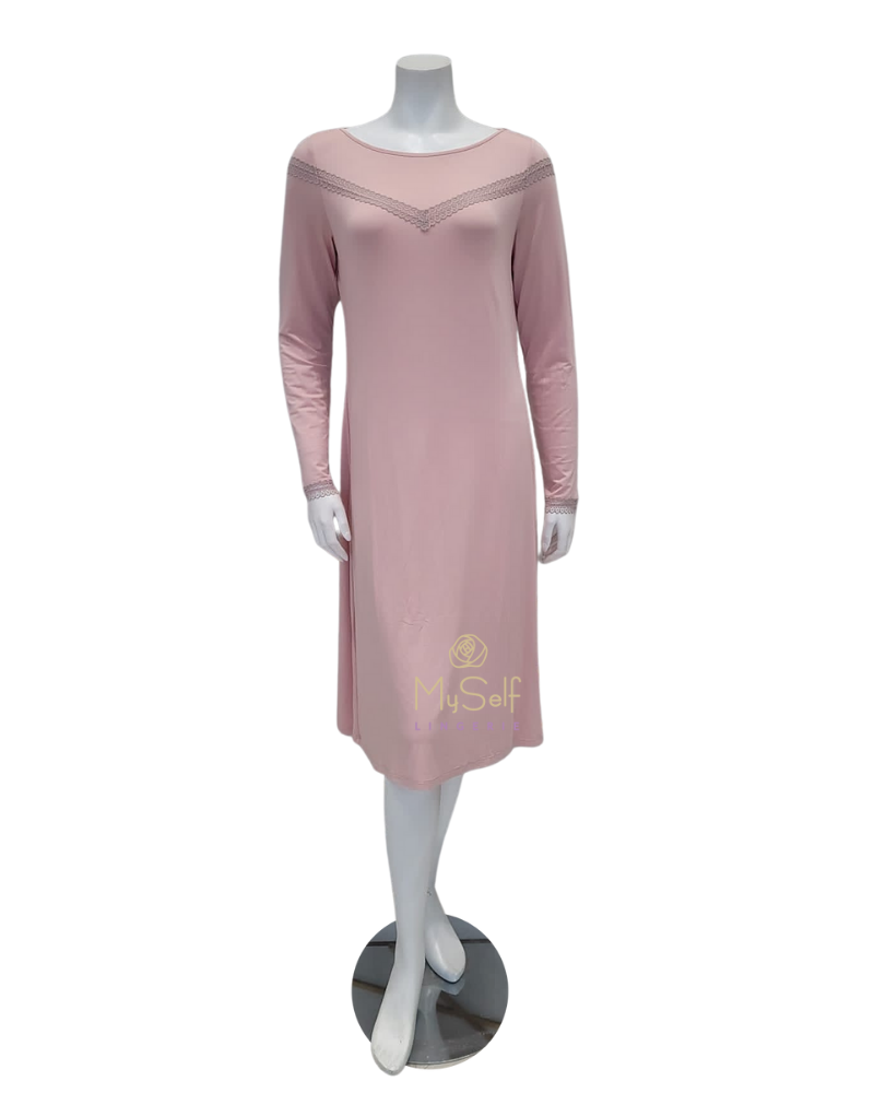 Oh! Zuza 3623 V Lace Trim Dusty Pink Modal Nightshirt myselflingerie.com
