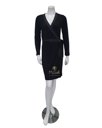 Oh! Zuza IC015 Satin Trimmed Black Modal Short Morning Robe myselflingerie.com