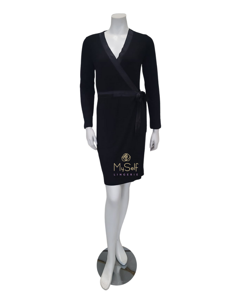 Oh! Zuza IC015 Satin Trimmed Black Modal Short Morning Robe myselflingerie.com