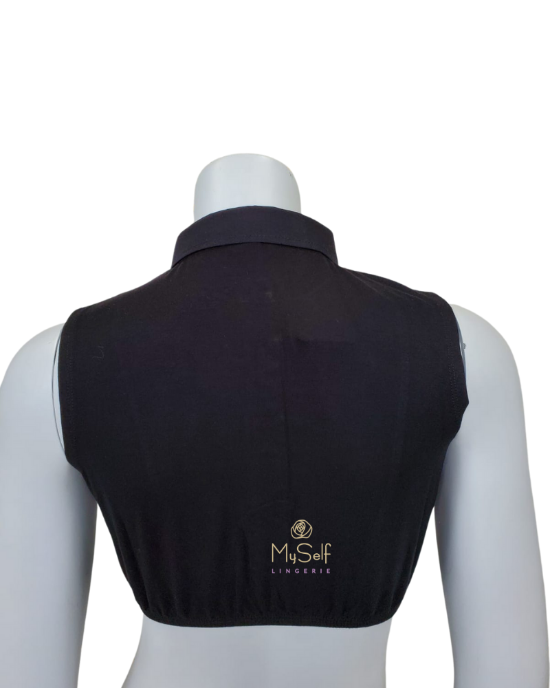 Gemsli Black Sleeveless Crop Shell w/ Placket and Pointed Collar myselflingerie.com
