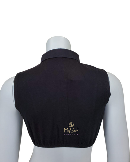 Gemsli Black Sleeveless Crop Shell w/ Placket and Pointed Collar myselflingerie.com