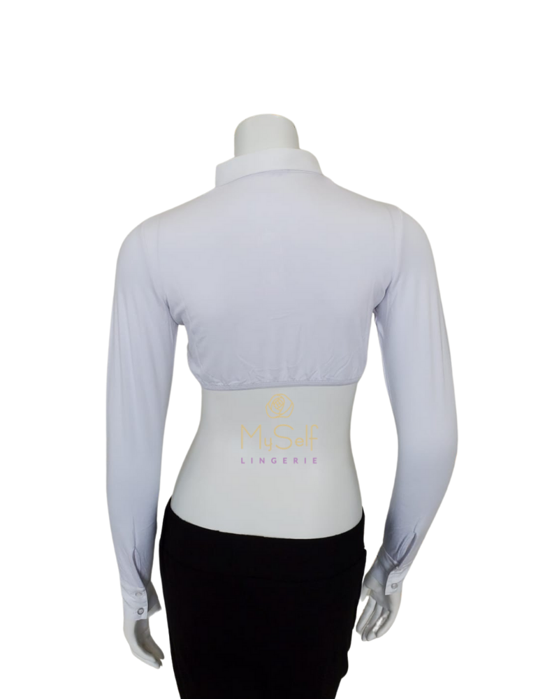 Gemsli White Long Sleeve Crop Shell with Pointed Collar and Cuffs myselflingerie.com