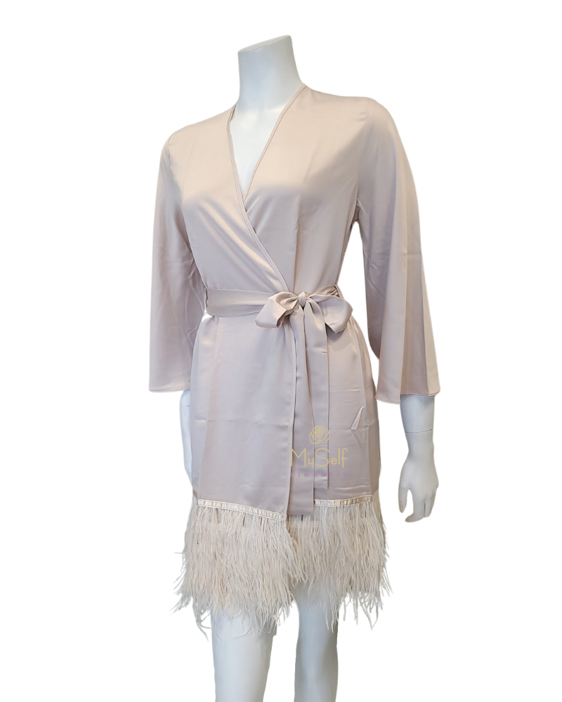 Rya Collection 394 Champagne Feathers Satin Kimono Wrap myselflingerie.com