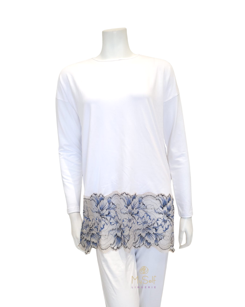 Vanilla Night and Day 3446 Lace Bottom White Modal Pajamas Set myselflingerie.com