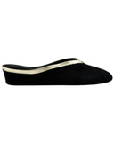 Jacques Levine 4640LL Black Suede With Gold LeatherTrim Wedge Slipper myselflingerie.com