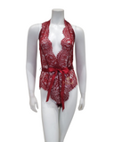 Oh La La Cheri 52-11025 Rhubarb Eyelash Lace Halter Teddy with Ties MYSELFLINGERIE.COM