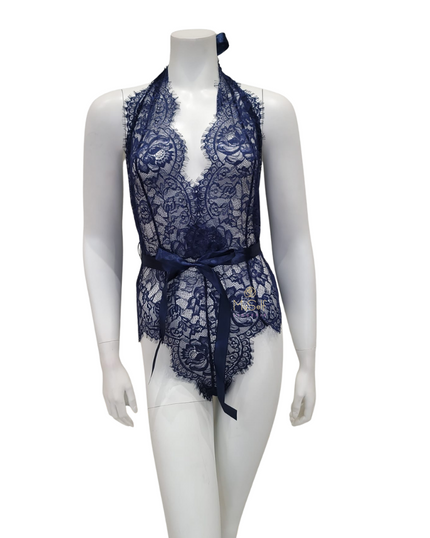 Oh La La Cheri 52-11025 Estate Blue Eyelash Lace Halter Teddy with Ties myselflingerie.com