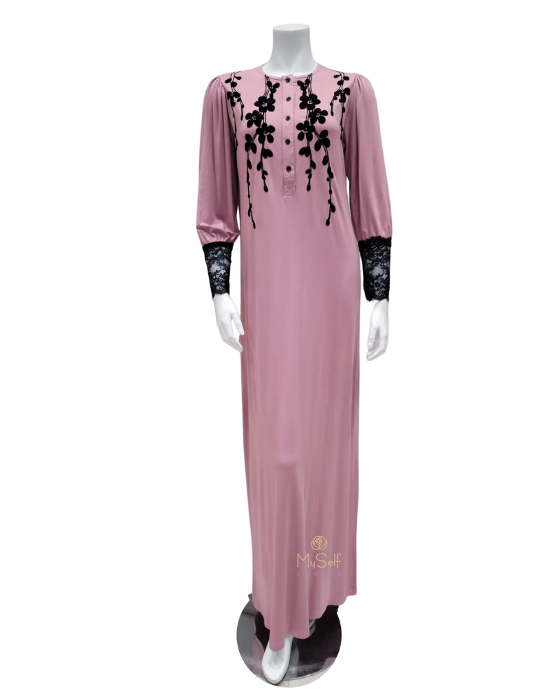 408-PK Black Velvet Print Button Down Pink Cotton Nightgown Full View