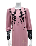 408-PK Black Velvet Print Button Down Pink Cotton Nightgown 