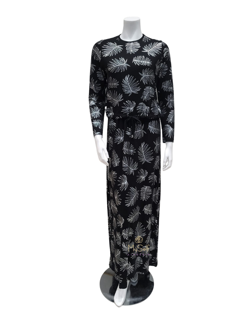 Ellwi 414-BK Metallic Leaf Print Black Cotton Nursing Nightgown  Full