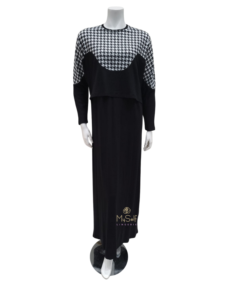 Ellwi 404 Dolman Sleeve Houndstooth Black Cotton Nursing Nightgown  Full