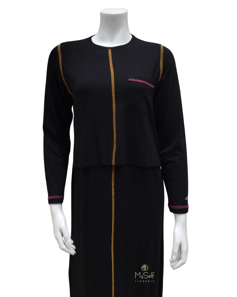 Ellwi 410 Exposed Stitching Black Cotton Nursing Nightgown Top