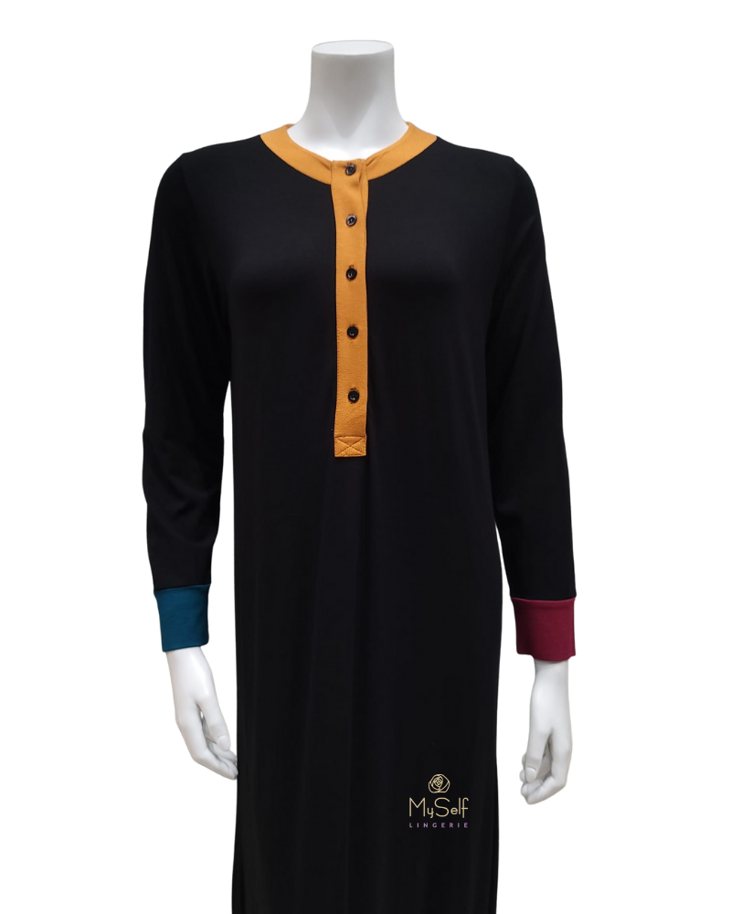 Ellwi 405 Color Pop Button Down Black Cotton Nightgown Upper View