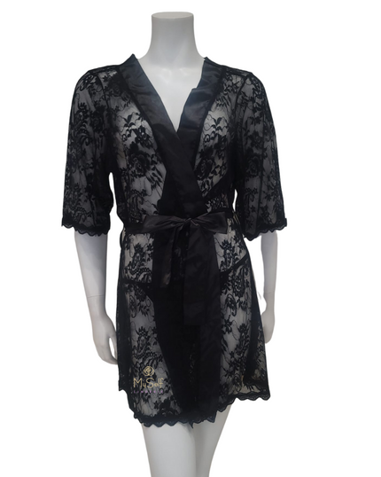 Mapale 7115X Black Lace & Satin Plus Size Wrap Robe w/ Matching G-String myselflingerie.com