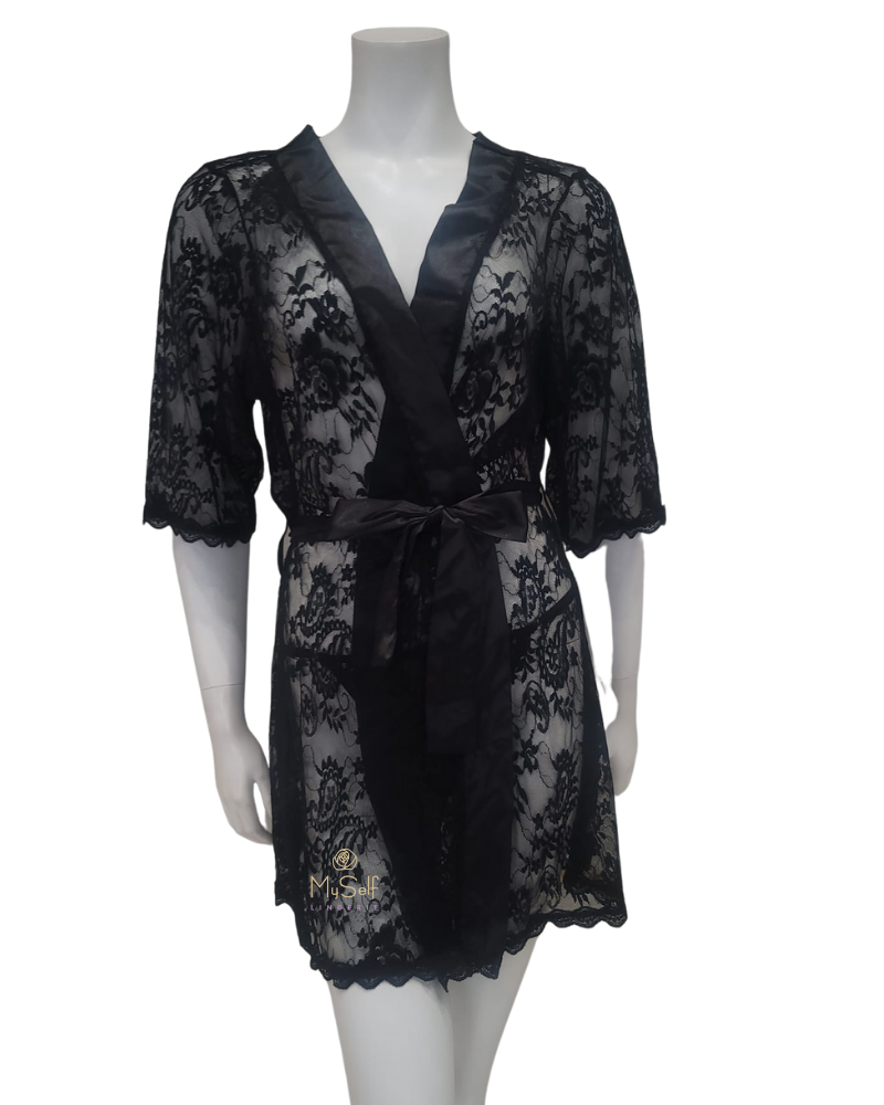 Mapale 7115X Black Lace & Satin Plus Size Wrap Robe w/ Matching G-String myselflingerie.com