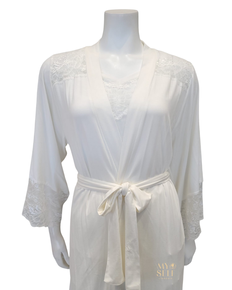 Oh! Zuza 3809 + 3810 Ivory Lace Modal Cami Shorts Set & Long Robe Set myselflingerie.com