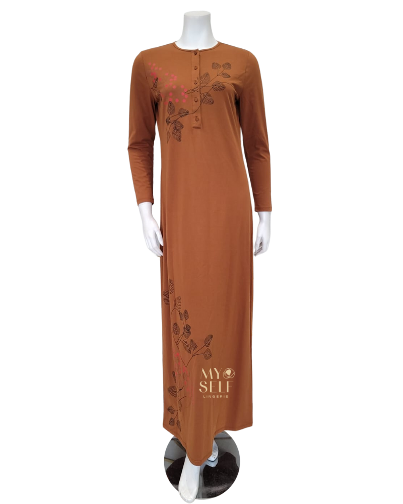 Chicolli SS22N07A Amber Brown Cherry Blossom Button Down Cotton Nightgown myselflingerie.com