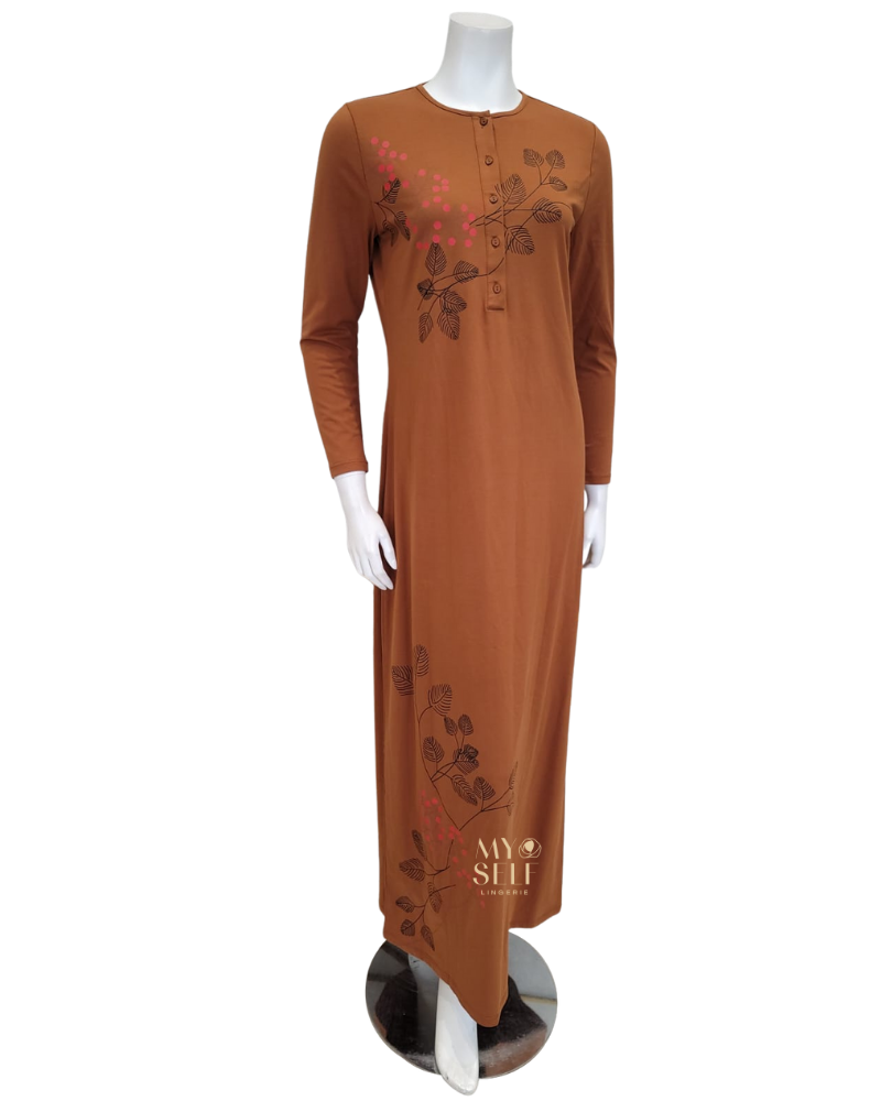 Chicolli SS22N07A Amber Brown Cherry Blossom Button Down Cotton Nightgown myselflingerie.com