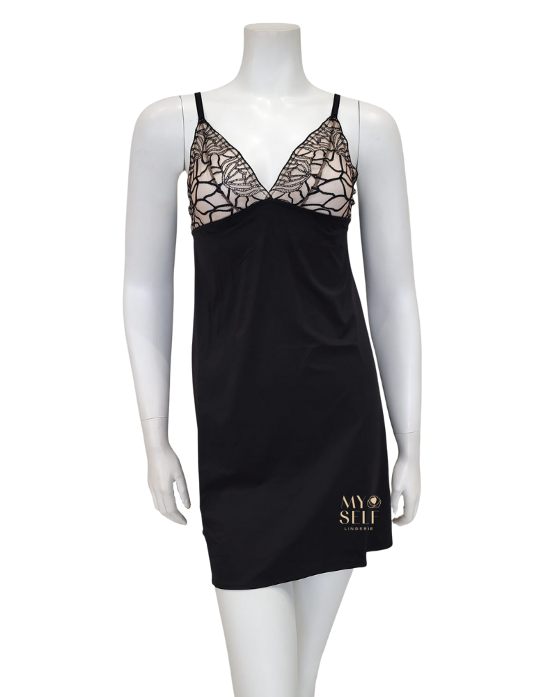 Montelle 9039 Black/Sand Bardot Microfiber Chemise myselflingerie.com