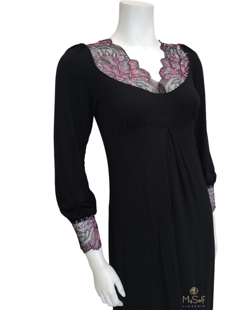 Oh! Zuza 3702 Black & Pink Lace Sheer Back Modal Nightgown myselflingerie.com