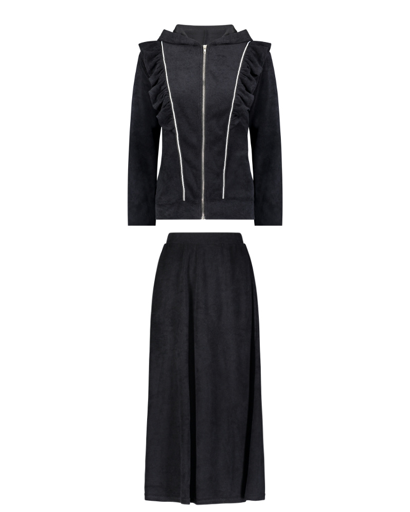 Citrus EL954 Black Ruffle Hooded Two Piece Terry Set myselflingerie.com