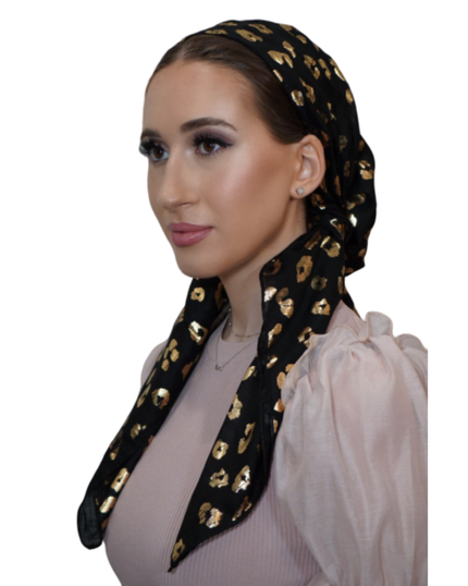 Tie Ur Knot Black/Gold Metallic Cheetah Pre-Tied Bandanna with Full Non Slip Grip myselfingerie.com