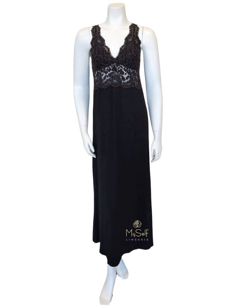 Fleurt 6019 Black/Rose Gold Lace Dramatic Modal Long Gown myselflingerie.com